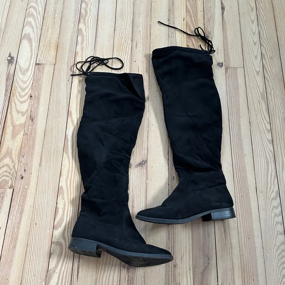 Charlotte Russe Black Suede Over The Knee Boots Tie Back‎ Flat Heel Size 8